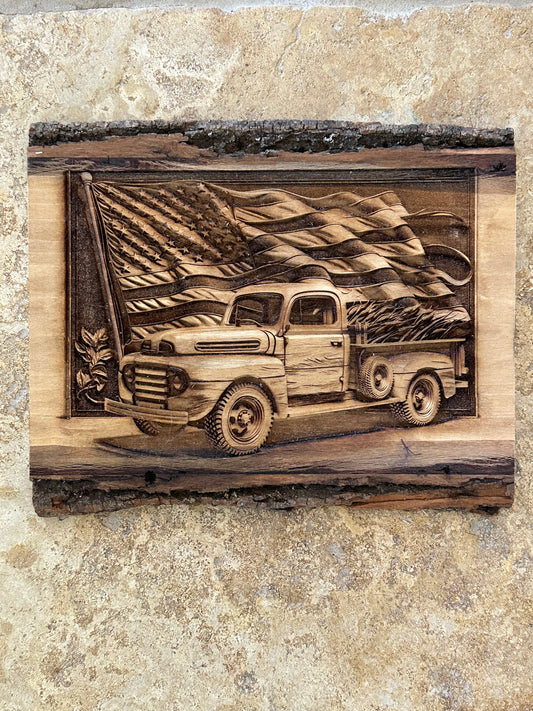 3D laser engraved live edge wood design